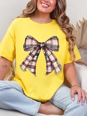Gildan Yellow Tee with Pink Plaid Bow Graphic